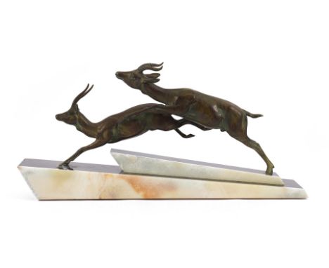Anonymous, Art Deco statue of 2 roebuck, bronze on a marble base, 30 cm high, 65 cm wide