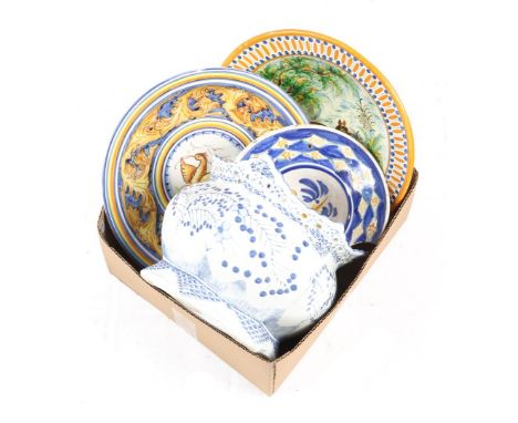 Box with Southern European earthenware dishes, shaving basin and porcelain 6-sided flower pot with blue decoration