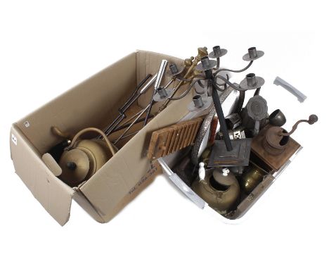 Crate with various plate, copper iron iron, candlestick and box with fireplace tools and copper kettle