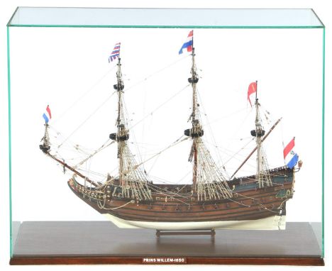 Wooden scale model three-master, Prince Willem from 1650, 63 cm high in a glass display case, outer size 68 cm high, 87 cm wi