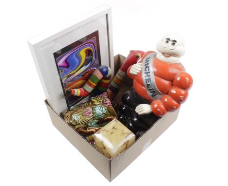 Box with Michelin man 47 cm high, Art Deco glass desk lamp with Bakelite base 17 cm high, Frie Onnaing France Jugendstil eart