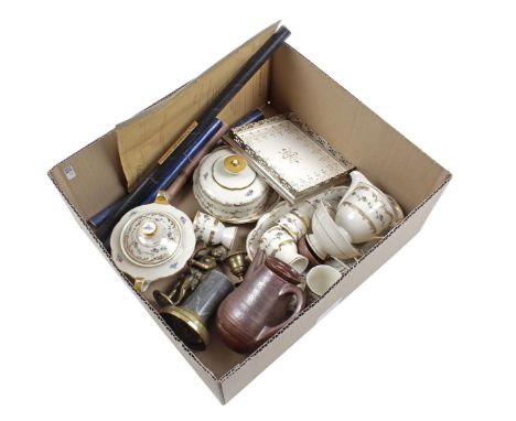 Box of Konigl. pr. Tettau porcelain, chrome-mounted tile, thermometers, earthenware teapot and bronze figurine with candlesti