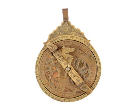 Late 19th century brass or bronze planispheric astrolabe with 4 loose discs and various engravings, not signed, 11.5x8 cm