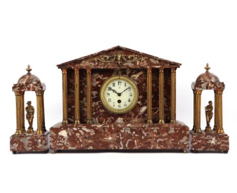 Marble Empire style mantel clock with columns and timpani cover 34 cm high, 43 cm wide, with 2 side pieces as chapels with co