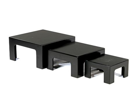 Black lacquered wooden 3-piece mime set, 1970s, largest table 30 cm high, 60x60 cm, smallest table 20 cm high, 35x35 cm