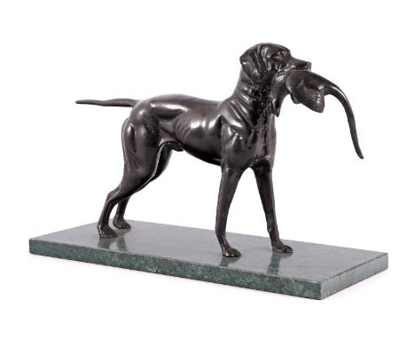 Anonymous, bronze sculpture of a hunting dog with prey, standing on a marble base, 25 cm high
