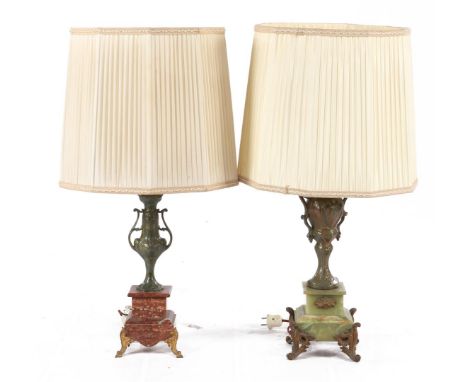 Classic marble and onyx table lamp base made of marble and onyx with metal vases on top 45 cm high, with upholstered shades o