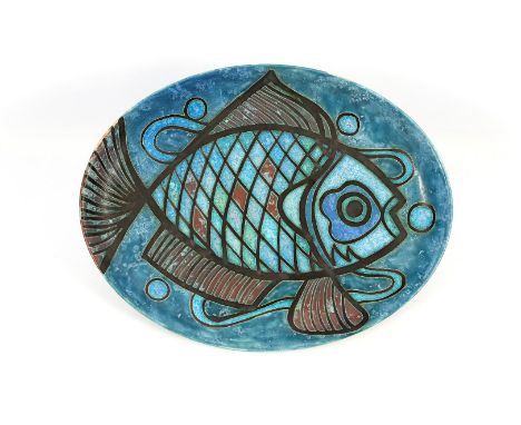 Royal Goedewaagen Gouda Holland pottery dish with Inca decor, marked V verso, possibly design Willem van Norden, 33x25.5 cm (