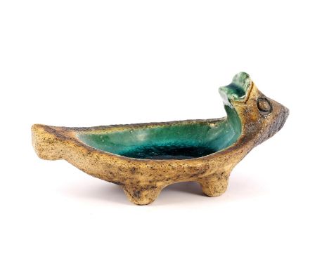 Pieter Groeneveldt (1889-1962)Ceramic sculpture of a bird drinking bowl with glass inside, 24 cm wide