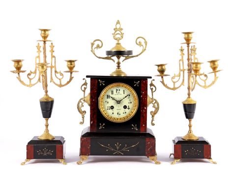  3-part French marble pendulum set &amp; nbsp; b.u. mantel clock with vase on top and engraved decoration, 40 cm high, 23 cm 