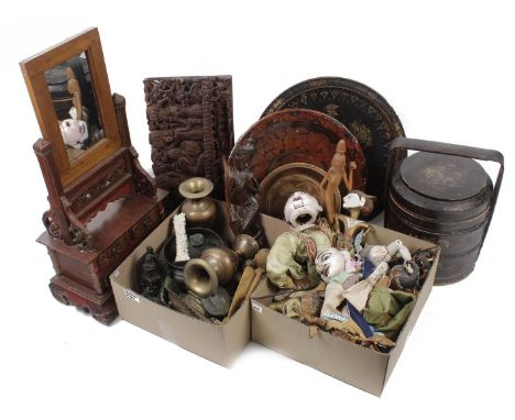 2 boxes of various Asian art. 3 wooden bowls, Chinese rice basket and jewelry cabinet with mirror, various wayang puppets, In