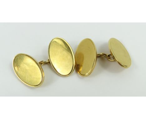 A pair of 18ct gold cufflinks, the plain oval panels with simple borders and with chain link connectors, makers mark ACCo, 12