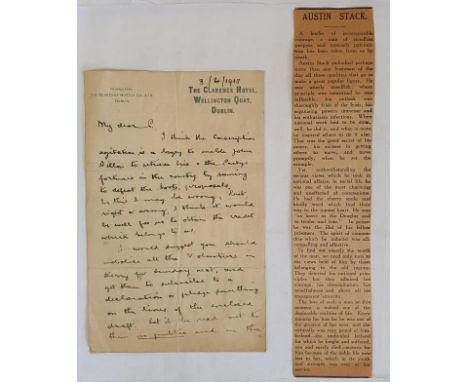 Austin Stack: Manuscript Letter dated 8/4/1918 on headed note paper of The Clarence Hotel in which he mentions 'John Dillion'