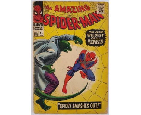 Amazing Spiderman #45. Key Marvel 1st issue, (Marvel Comics, 1967) Featuring the 3rd appearance of The Lizard. Chips to spine