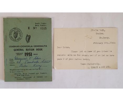 Rationing in Ireland during and post World War 2: Postcard from T Tuomey &amp; Son Tralee asking a cuctomer if they wish to r