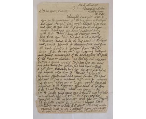 Listowel Interest - A manuscript letter from T F Culhane (Kerry author) whilst living in Melbourne to a Dr. Maurice McKenna (