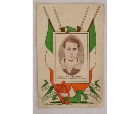 Postcard (printed in green, orange and brown ink) featuring an image of Kevin Barry surrounded by Irish flags, bayonets and a