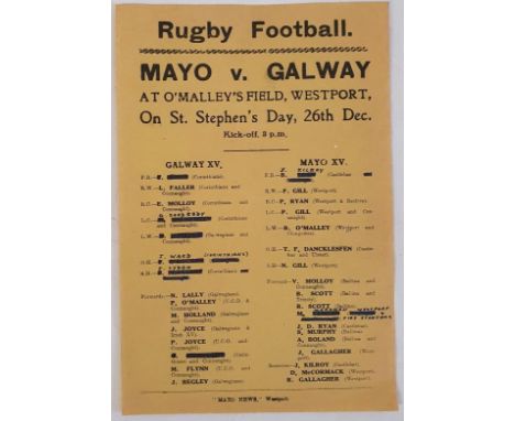 Rugby Football Mayo V Galway Match Programme. Match at O'Malley's Field, Westport, On St. Stephen's Day, 26th Dec (year unkno