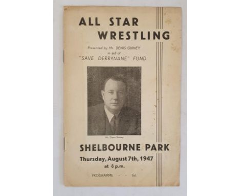 All Star Wrestling Programme 1947. At The Shelbourne Park with the renowed Irish Wrestlers Jim Casey from Sneem County Kerry 