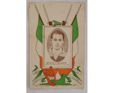 Kevin Barry: Postcard (printed in green, orange and brown ink) featuring an image of Kevin Barry surrounded by Irish flags, b