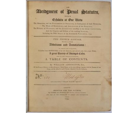 Abridgement of Penal Statutes, By William Addington, SIGNED by the author on the title page (for copyright reasons), Limited 