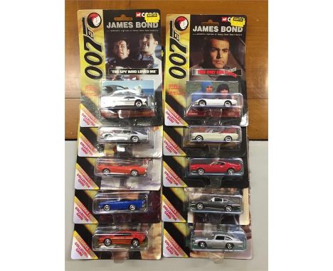 Ten smaller scale Corgi boxed James bond collectable cars in their packaging