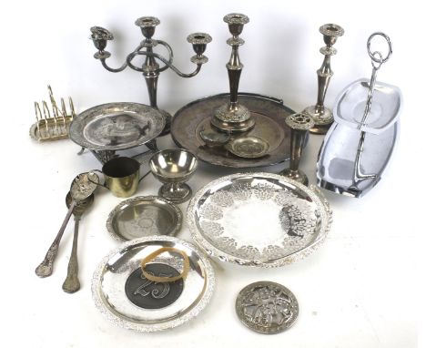 A collection of silverplated items. Including a small cake stand in the aesthetic manner, the round top embossed with birds o