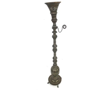 A vintage brass hookah water pipe. With inlaid decoration featuring fish and foliage, H89cm