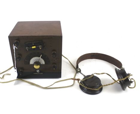 A vintage 'Cat's Whisker' crystal radio receiver set with earphones. Model s/n 245, H15cm