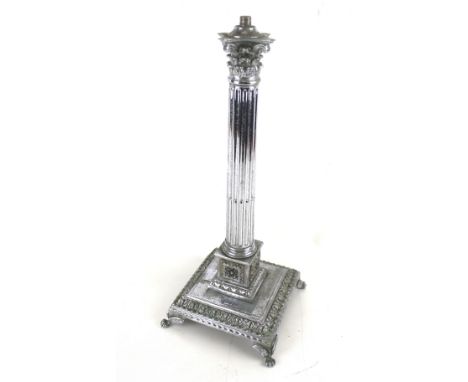 A chrome Corinthian column electric lamp base. On a stand with wing and claws, H42cm