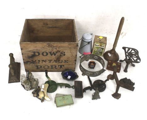 An assortment of vintage items in a 'Dows Port' wooden crate. Including a cruet set and a bean slicer, etc. Max H38cm