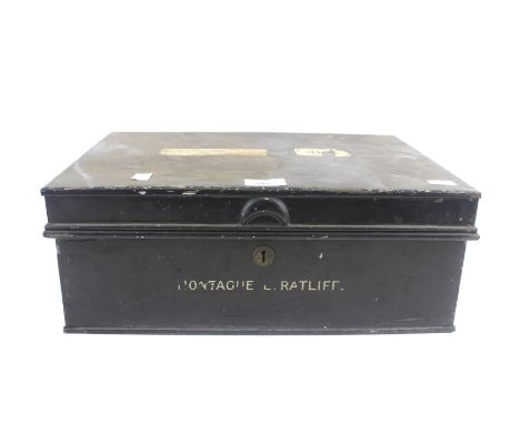 A vintage enamel metal deeds box with a Chubb lock. L41cm x D30cm x H16cm