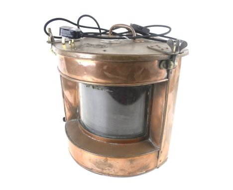 A large Shire Trawlers Ltd Grimsby 'port' ships light converted into an electric lamp. In a copper case with handle to the to