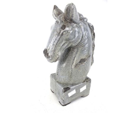 A large ceramic horse head ornament. Blue grey crackle glaze. H28cm