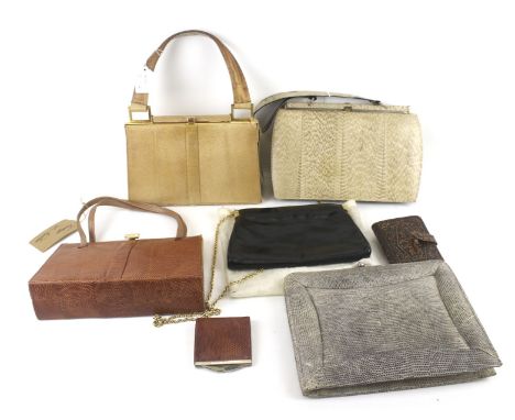 A collection of ladies vintage handbags and purses. Including lizard skin and faux crocodile skin examples, Max. L29cm