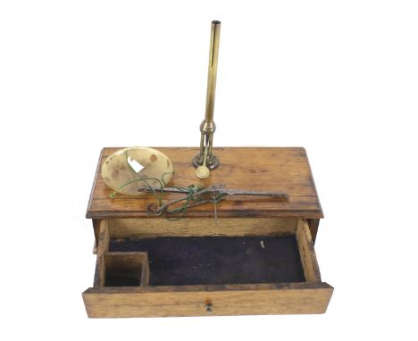 A vintage miniature set of scales. Mounted on a wooden box with a drawer. L23cm x D12cm x H6cm