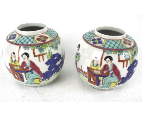 Two contemporary Chinese ginger jars. Decorated with figures in traditional attire, H12cm Condition Report: Overall in very g