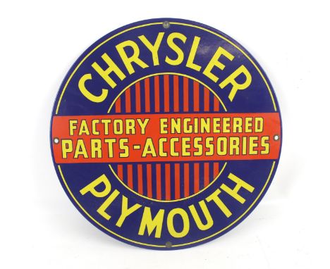 Automobilia - reproduction enamel sign 'Chrysler Plymouth'. Diameter 28cm