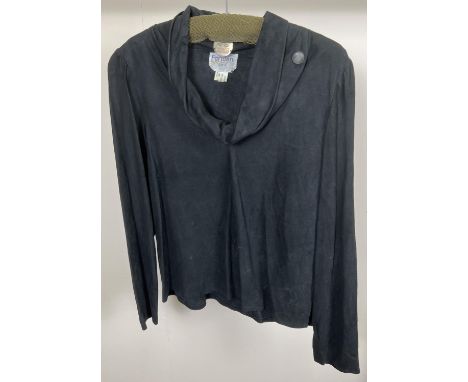 A vintage black suede long sleeve top with cowl neck and button detail to left shoulder, by Farideh, London. Size 14. 