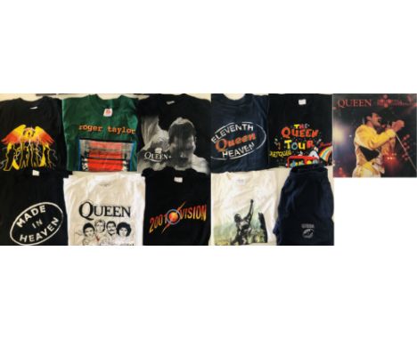 QUEEN T SHIRTS. Eleven items to include:A Queen - Interviews + Press Conferences box containing 4 postcards, a CD, a poster a