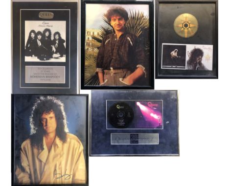 QUEEN/RELATED FRAMED. Five framed items to include: A mounted picture and plaque from the Official Queen Fan Club to celebrat