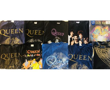 QUEEN T SHIRTS. Ten items to include: 1x Queen banner depicting the Queen crest (29x41"), 1x navy blue Queen jumper depicting