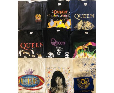 QUEEN T SHIRTS/SCARF. Ten items to include a blue Queen wool scarf, a queen material banner (19x30), an XL Queen jumper, an X
