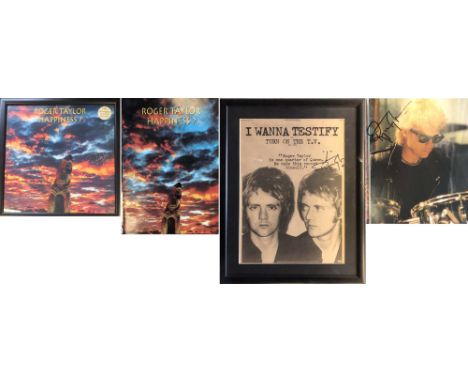 ROGER TAYLOR SIGNED FRAMES/PROGRAMME. Four items to include: a framed page of the NME advertising I Wanna Testify, signed in 