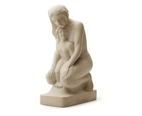 § JOHN MARSHALL (SCOTTISH 1888-1952) WOMAN AND BOY Signed and dated 1946 on the integral base, Caen stone(37cm high (14.5in))