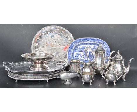 A large collection of vintage 20th century silver plated ware to include teapot, hot water pot, creamer jug, sugar bowl, serv