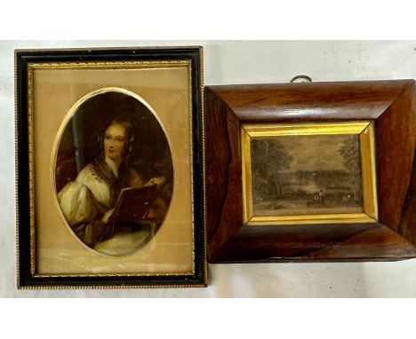 A framed painting on glass of a young lady with a sketch book, sight size 13.5 x 10cm  together with a print of The Thames ne