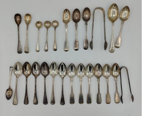 A collection of hallmarked silver spoons and tongs comprising of, fourteen from Sheffield, various dates and makers to includ