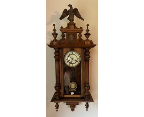A 19thC Vienna wall clock with white enamel face 96h x 36w x 18cm d. 
