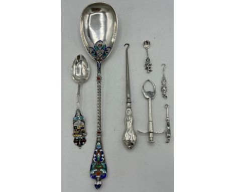 A quantity of hallmarked and sterling silver to include enamel and silver spoon by Marius Hammer, sterling silver and enamel 